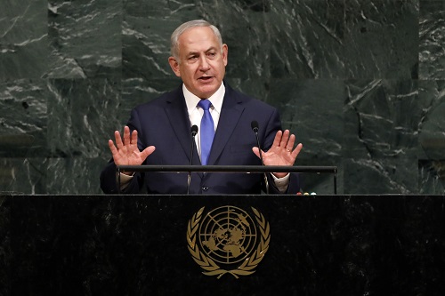 2017年9月19日，在纽约联合国总部，以色列总理内塔尼亚胡在联大一般性辩论上发言。 新华社记者 李木子 摄