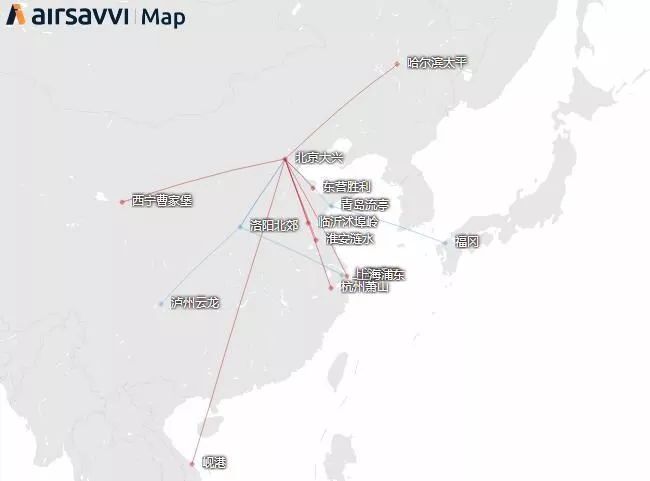 2019冬春航季东航大兴航线图.通过airsavvi绘图