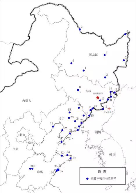 东北边境及周边地区辐射环境自动监测站布点示意图。