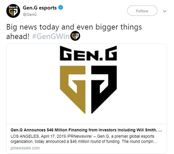 电竞战队gen G获4600万美元投资来自 史皇 等大佬 八卦趣闻 新浪游戏 新浪网