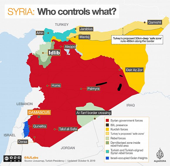 叙利亚各方势力控制图：红色为政府军，黄色为库尔德人控制区，蓝色为叛军控制区。来源：半岛电视台
