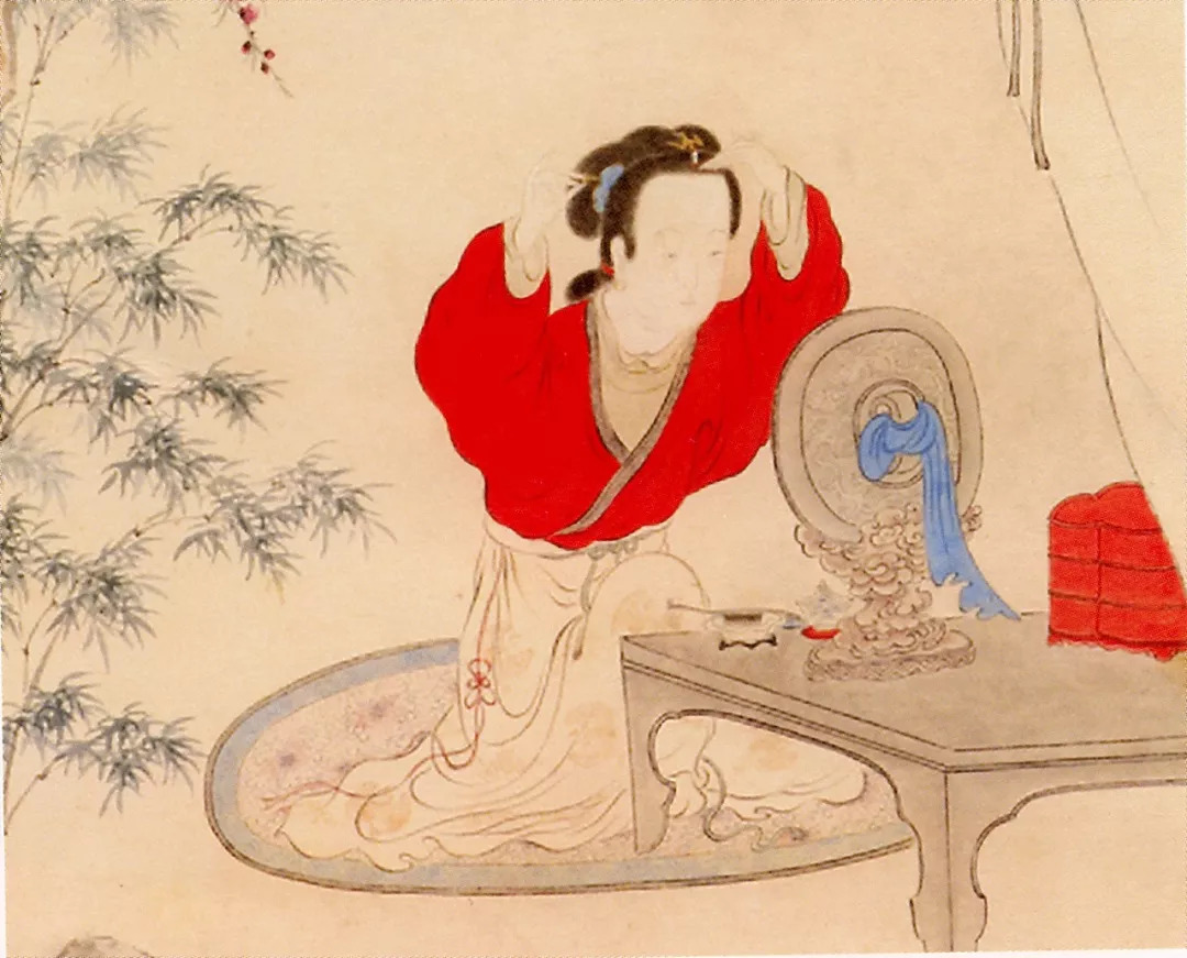 清人华浚绘《临镜美人图》(现藏苏州博物馆)鲜艳的,小巧的,散发香气的