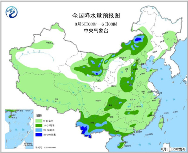 图2 全国降水量预报图（8月5日08时-6日08时）