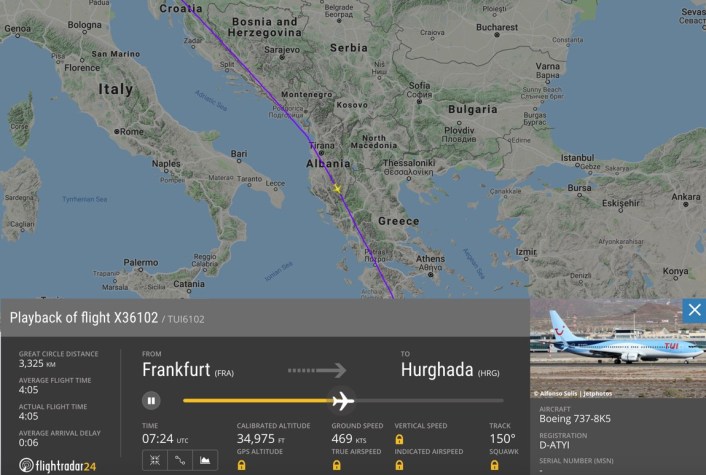 曾一度与地面失去联络的德国波音737客机飞行轨迹 图源:Flightradar24