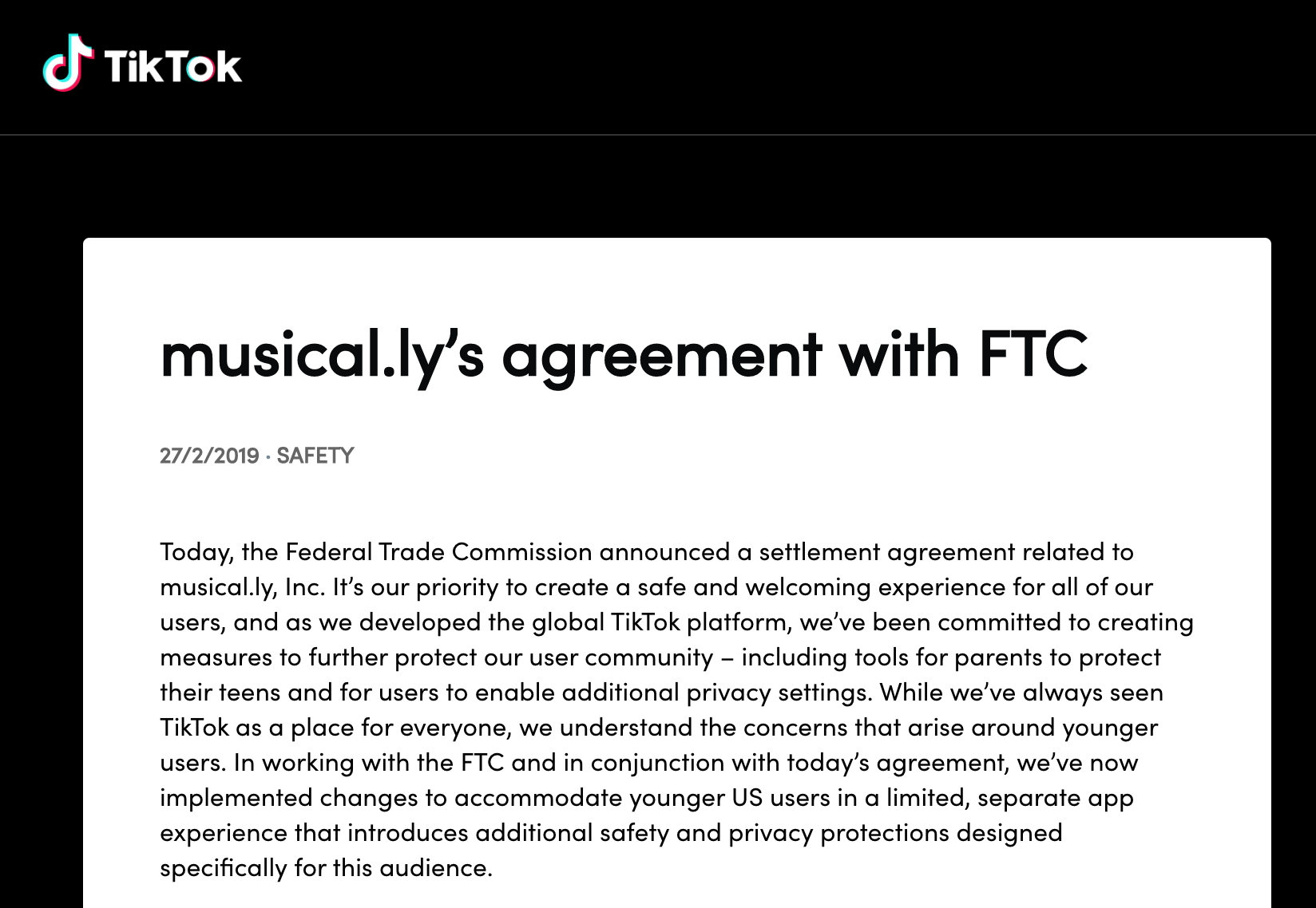 TikTok在官网回应与美国联邦贸易委员会达成和解
