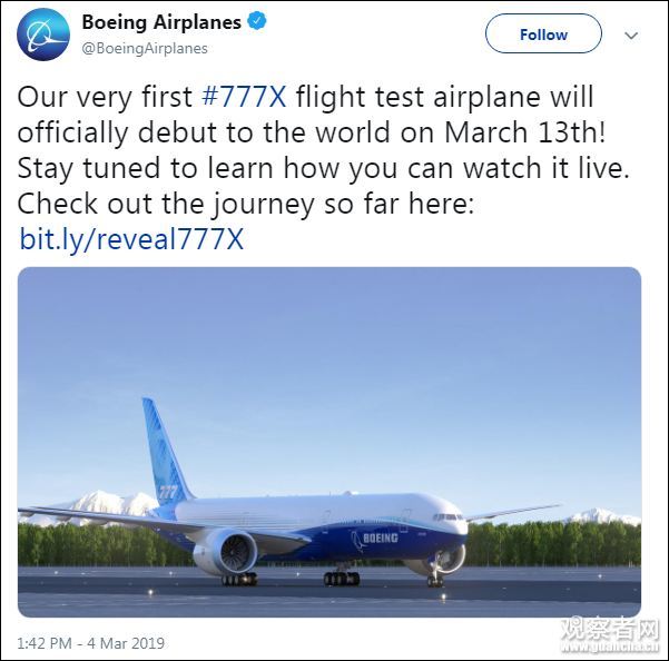 3月4日，波音在推特预告777X的亮相