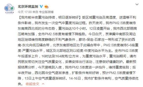 北京市環境保護監測中心官方微博截圖