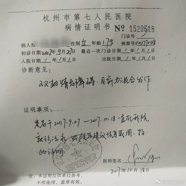  陈予被诊断为双向情感障碍。