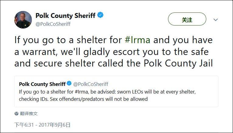 波尔克县警察局局长推特截图