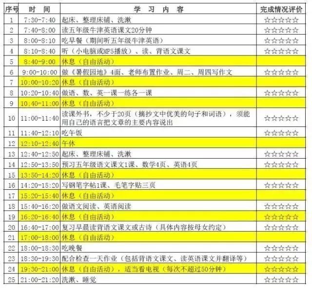 班主任提醒:给孩子的暑假计划表