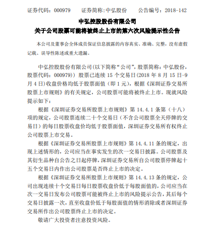 中弘股份:连续15个交易日收盘价低于股票面值