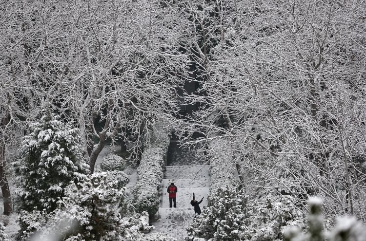 游客在山道上赏雪。
