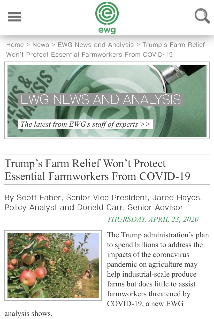 △“环境工作团体”网站称，特朗普针对疫情的农业补助将不会保护重要的农业工人。