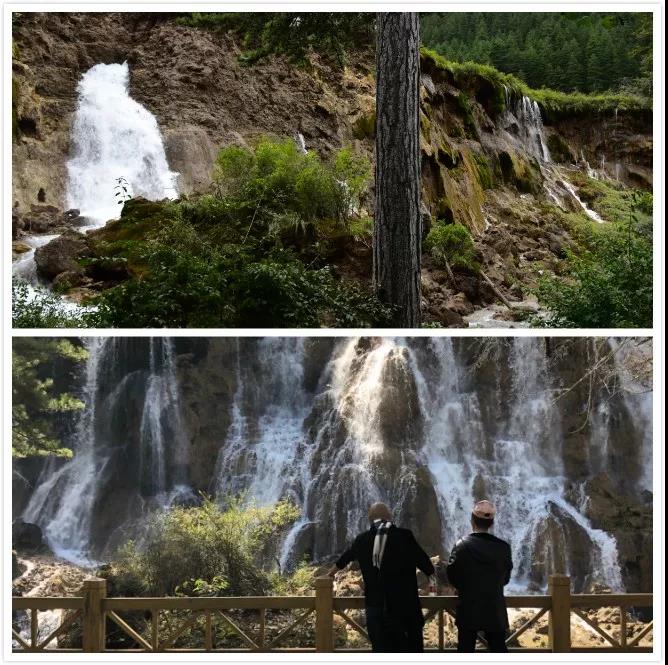 上图：2017年8月8日地震后的诺日朗瀑布。受访者供图 ；   　　下图：2019年9月29日，恢复后的诺日朗瀑布。新京报记者向凯 摄