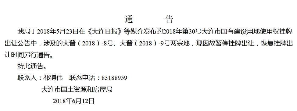 快讯:普兰店区海湾工业区两宗居住用地暂停挂