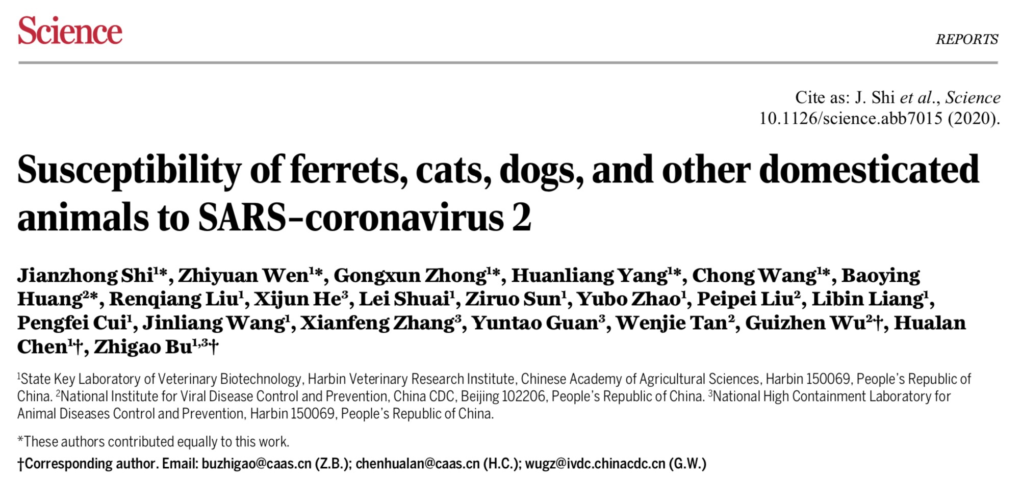 《科学》刊发研究：评估雪貂、猫、犬等对新冠易感性科学RNA新冠肺炎