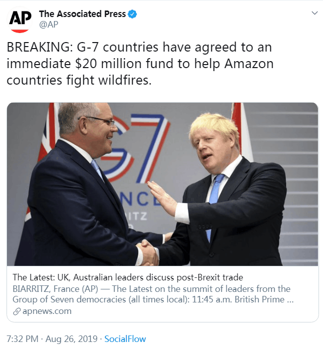 G7国家同意设立基金 帮助亚马孙地区国家扑灭野火