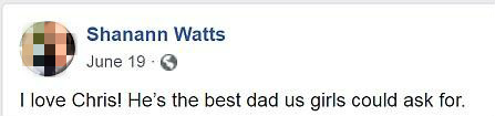 莎南曾在脸书上称克里斯是“我们女儿的最好的爸爸”。（图片来源：脸书）