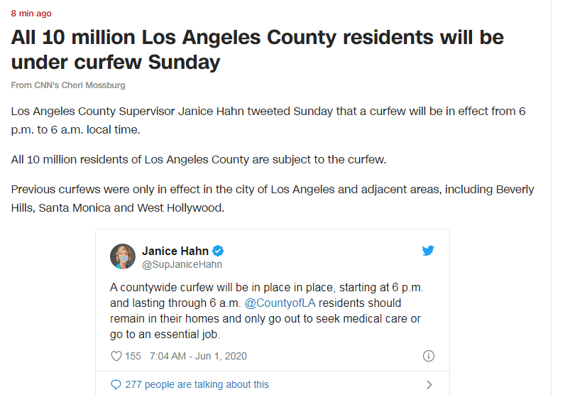 洛杉矶全城实行宵禁！