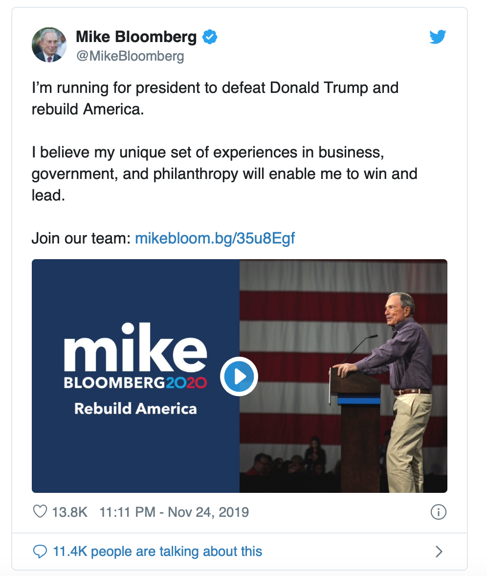 布隆伯格宣布参选的推特截图。