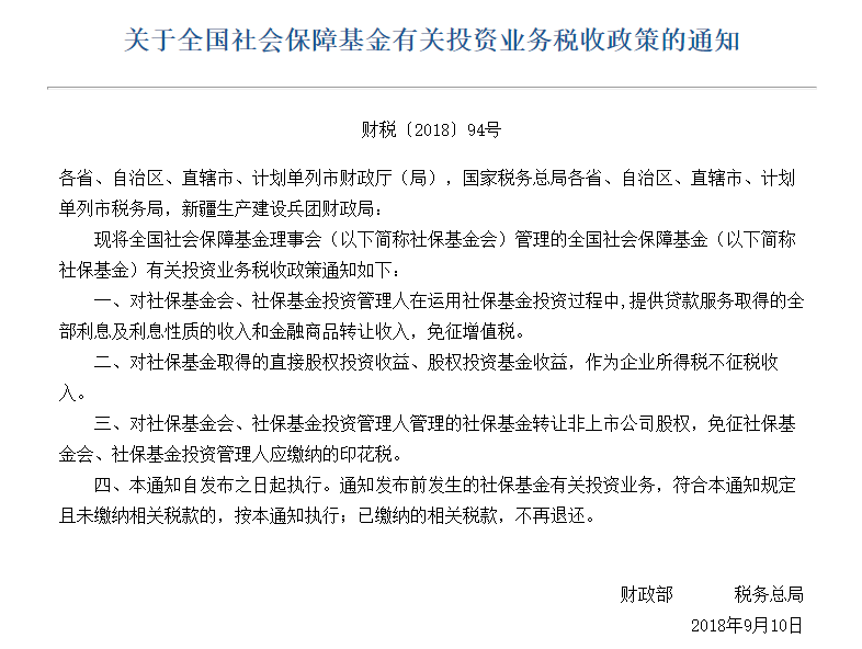 财政部:对社保基金转让非上市公司股权 免征印花税