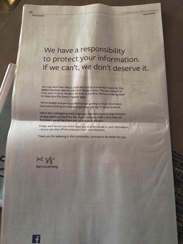 扎克伯格在英美9家报纸登报道歉 正式为泄密说了Sorry