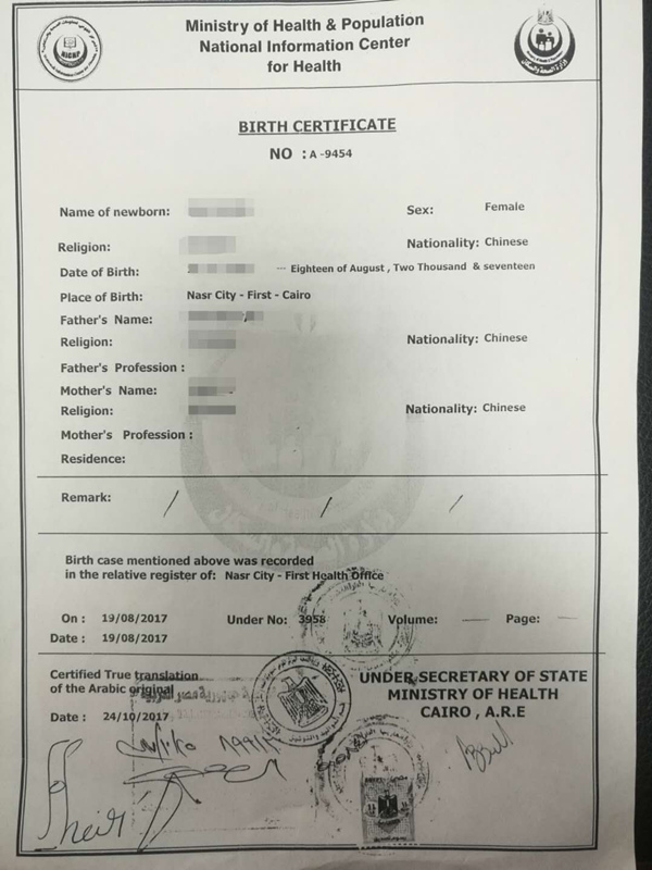 驻埃及使馆:华侨为新生儿办理出生证需符合要