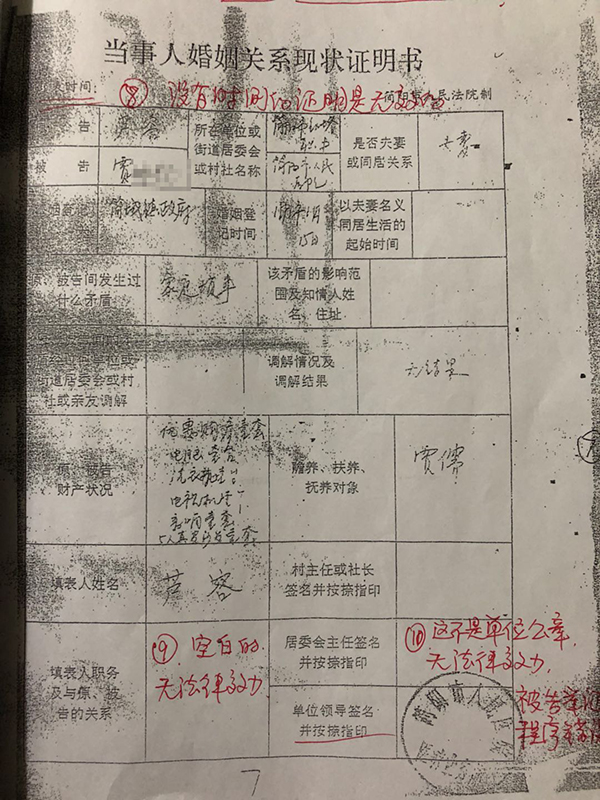 该案的一份婚姻关系现状证明书中，多项内容显示为空白。澎湃新闻记者 陈雷柱 图