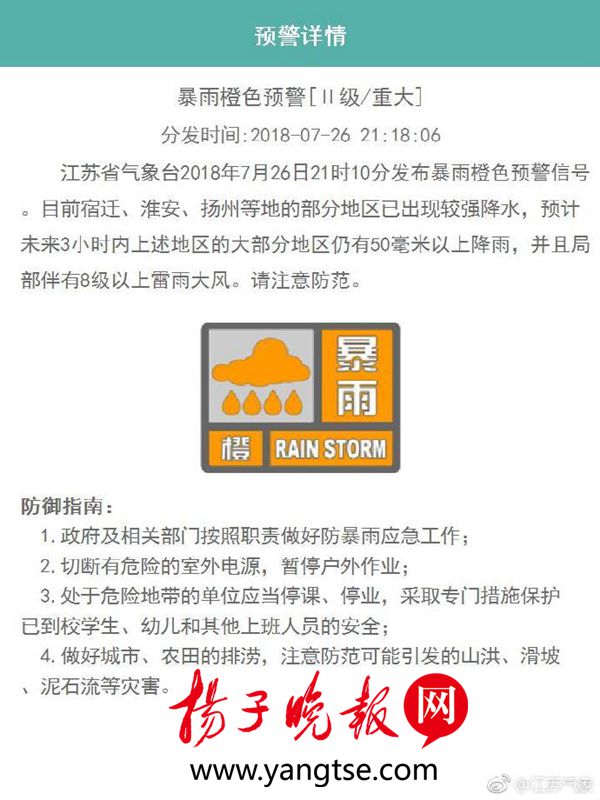 淮安、宿迁、扬州等地强降雨还在持续,省气象