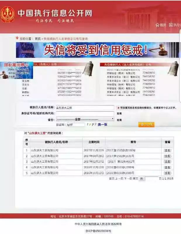 中国执行信息公开网截图，显示“山东源大工贸”或苏银霞、于西明名下，有5条失信被执行人信息。