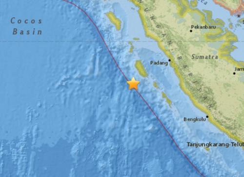 印尼西部海域发生5.8级地震。（图片来源：美国地质勘探局网站截图）