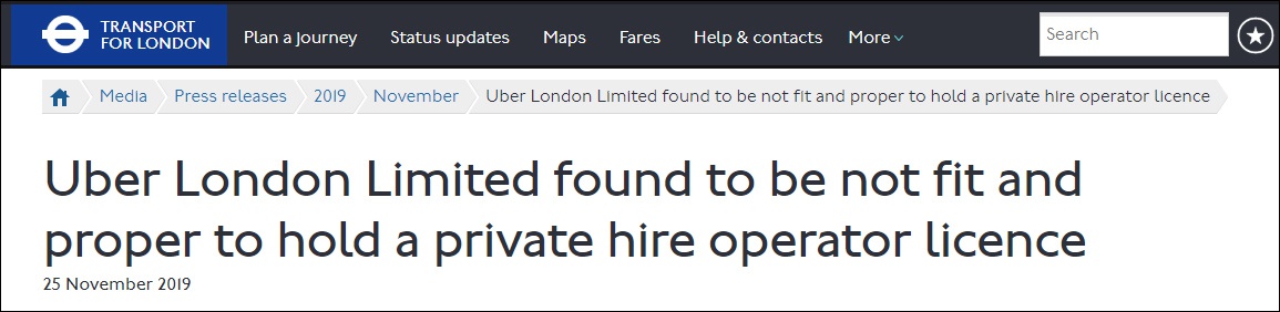 优步被发现不适合继续持有经营牌照 图：伦敦交通局官方公告