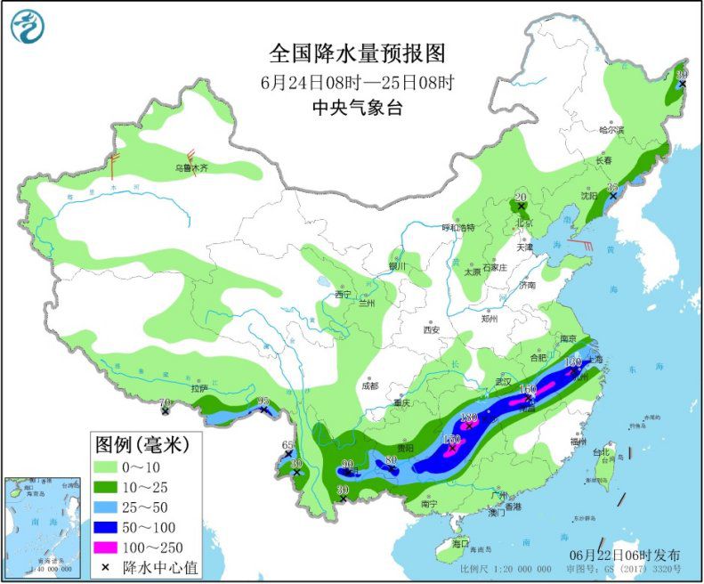 图4 全国降水量预报图(6月24日08时-25日08时) 图片来源:中央气象台