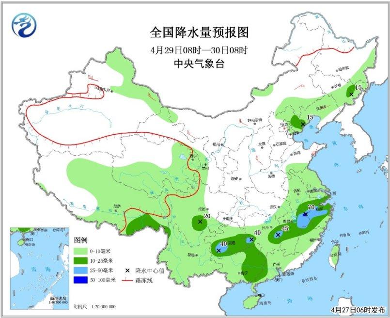 全国降水量预报图(4月29日08时-30日08时)