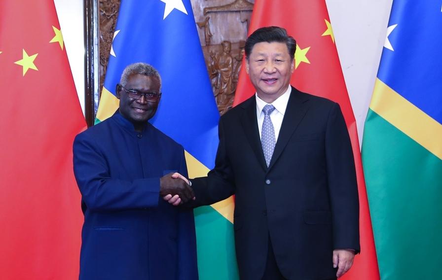 △2019年10月9日,国家主席习近平接见所罗门群岛总理索加瓦雷。