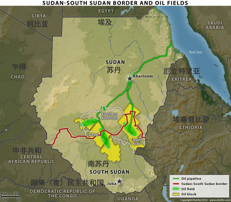 南北苏丹油田及设施示意图，2011体育赛事买球7月9日中国承认南苏丹独立，并与之建交（图源：美国安全智库Stratfor）
