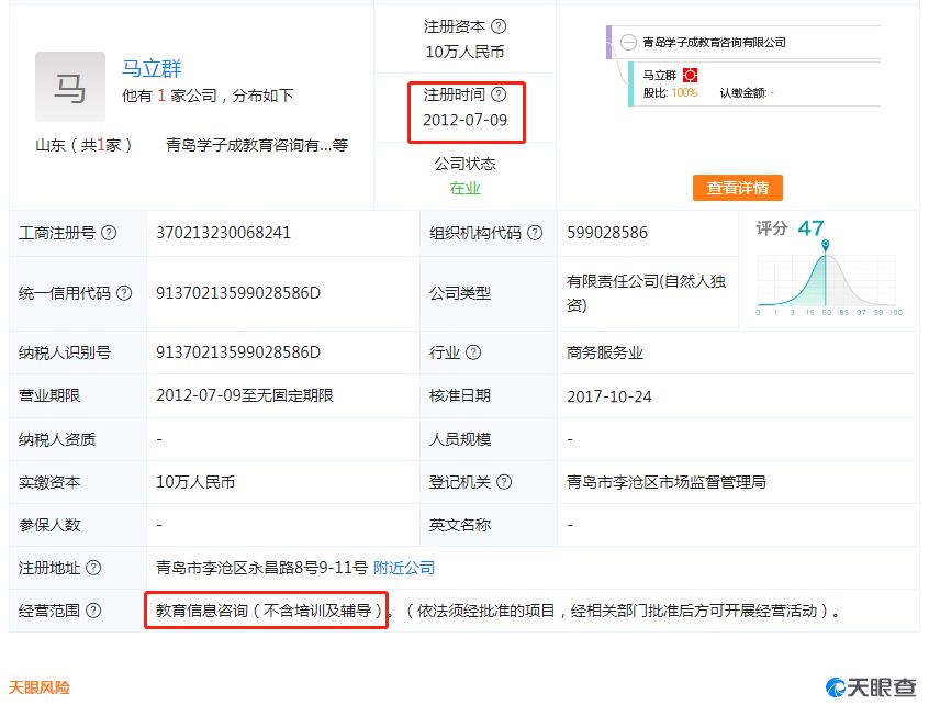 ▲工商资料显示，学子成教育经营范围并不包括培训及辅导。天眼查截图