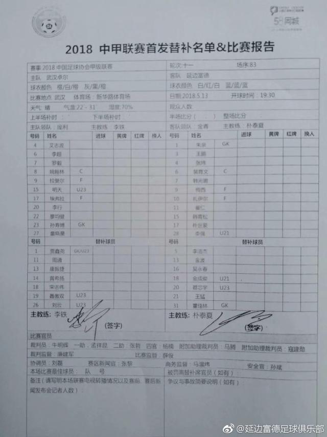 中甲-武汉卓尔VS延边富德首发名单