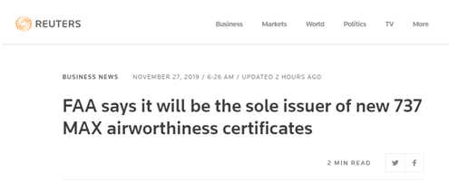 FAA：将是波音新737 MAX适航证书唯一颁发机构