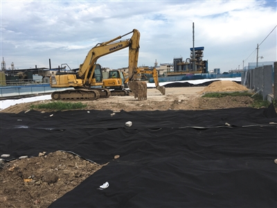 扬子医药西侧填埋区已用防尘网隔离，地面铺设了防雨膜。