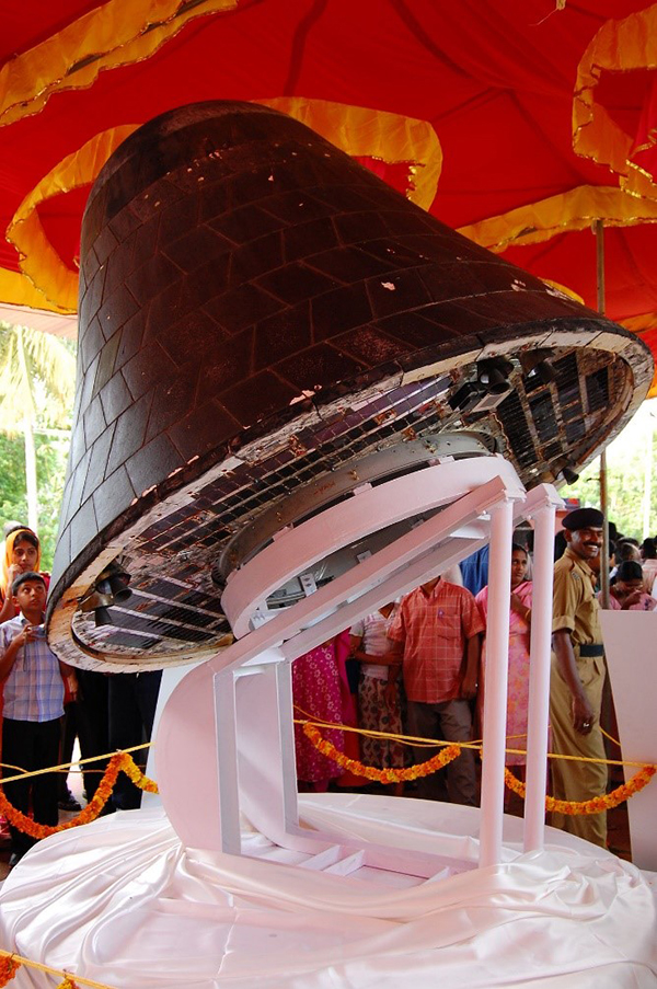  印度空间研究组织展示的太空返回试验舱（SRE）。