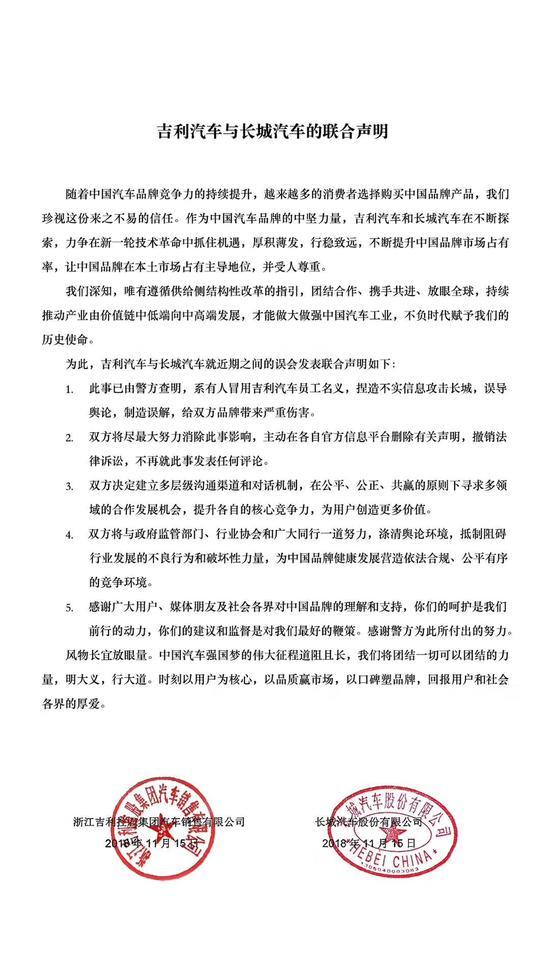 吉利汽车与长城汽车就“黑公关”事件握手言和