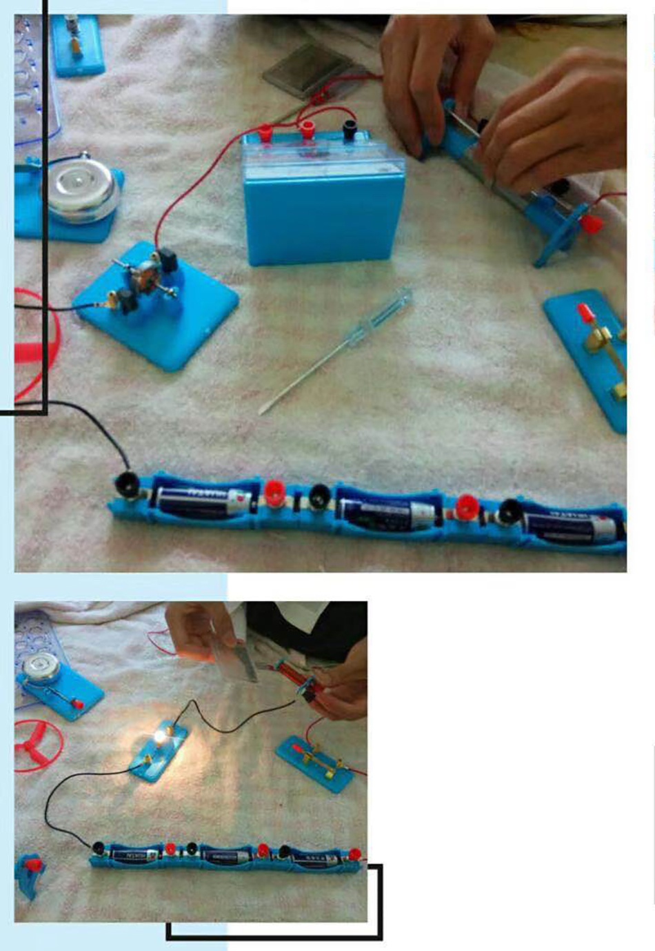 小雪陪儿子一起做物理实验。