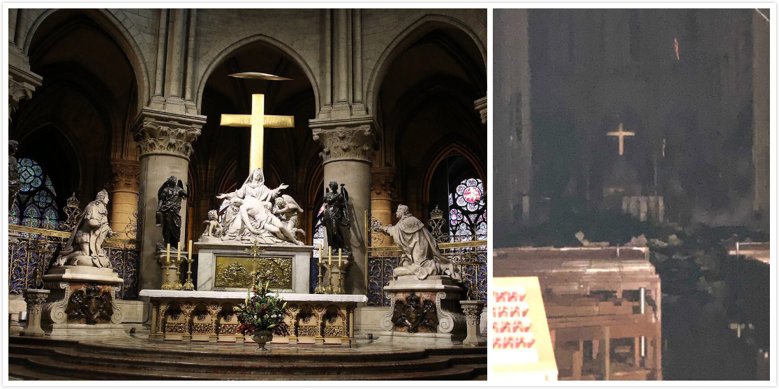 祭坛与上面的十字架在火灾前与火灾后对比（图源：法新社、推特）