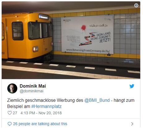 【蜗牛棋牌】德国发广告鼓励移民回国 绿党:玩世不恭行为(图)