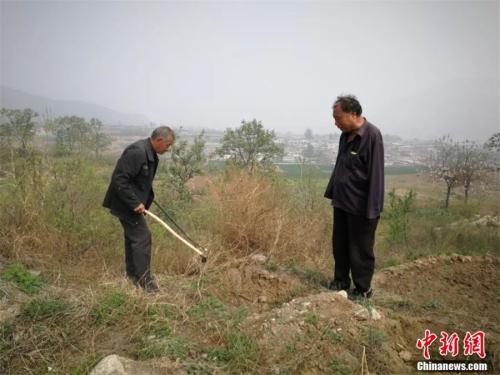 贾文其(右)和村民刘有才(左)等4位孤寡老人一起合作种树。李晓伟 摄