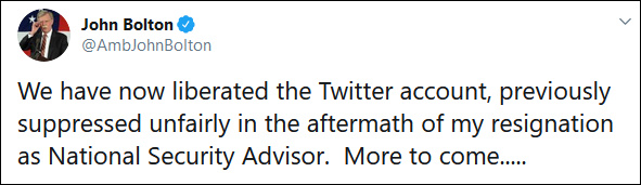 博尔顿称遭白宫剥夺推特使用权：是怕我说点什么