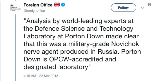 英国外交部3月22日发布的推文,目前已删除