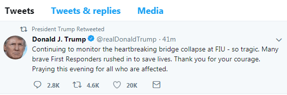 美过街天桥坍塌致多死 特朗普：感谢勇敢急救人员