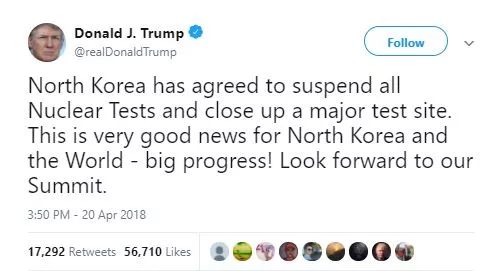 ▲4月20日，特朗普发推特称，“朝鲜同意停止所有核试验并关闭一个主要的核试验基地。这对朝鲜和世界来说都是一个非常好的消息——这是巨大的进步！期待即将到来的美朝峰会。”